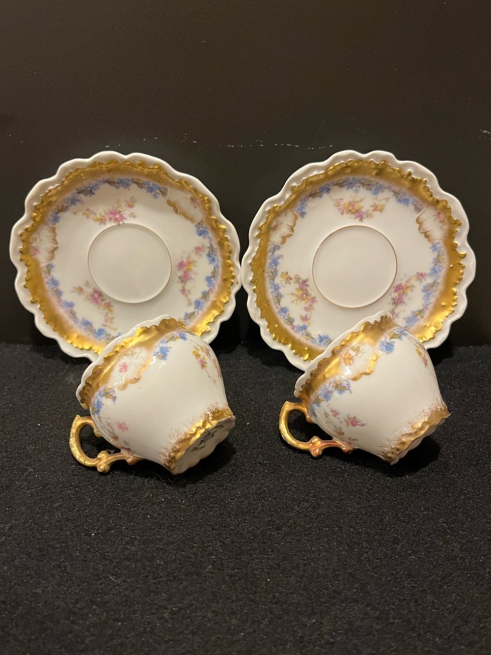 Vintage Limoges Floral Demitasse Cups & Saucers with Gold Trim